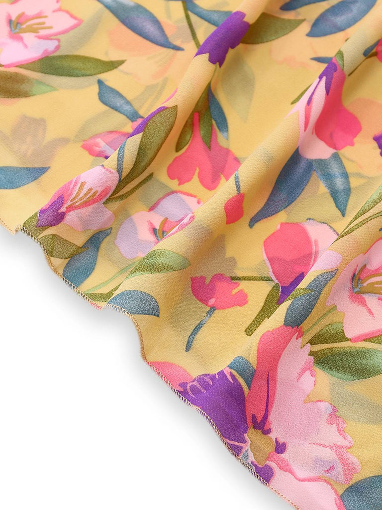 Yellow 1930s Floral Ruffled Deep V-Neck Cutout Dress