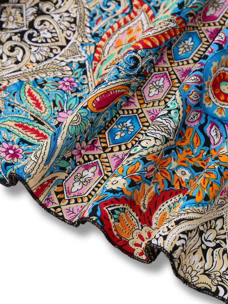 Multicolor 1970s Bohemian Paisley Floral Bell Sleeve Dress