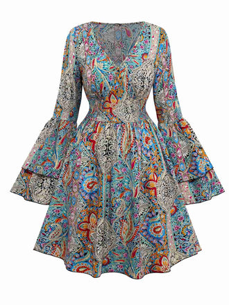 Multicolor 1970s Bohemian Paisley Floral Bell Sleeve Dress