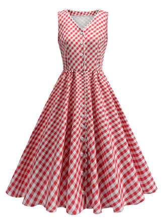 Red 1950s V-Neck Gingham Plaid Dress