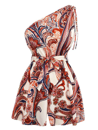 Brick Red 1970s One-Shoulder Bohemian Floral Romper