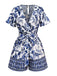 Blue 1950s Blue-White-Porcelain Floral Belted Romper