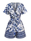 Blue 1950s Blue-White-Porcelain Floral Belted Romper