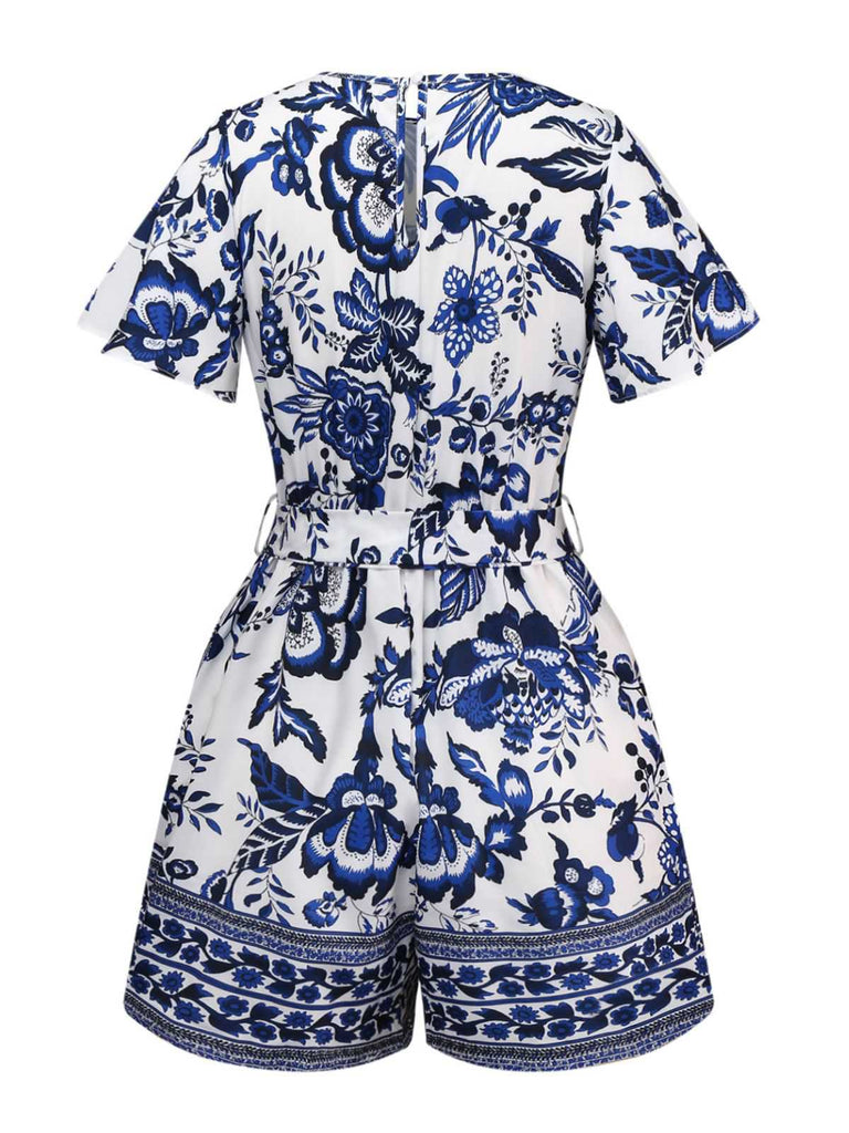 Blue 1950s Blue-White-Porcelain Floral Belted Romper
