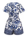 Blue 1950s Blue-White-Porcelain Floral Belted Romper