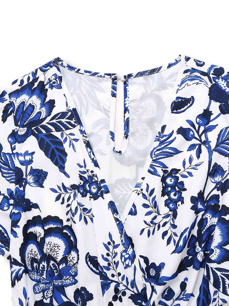 Blue 1950s Blue-White-Porcelain Floral Belted Romper