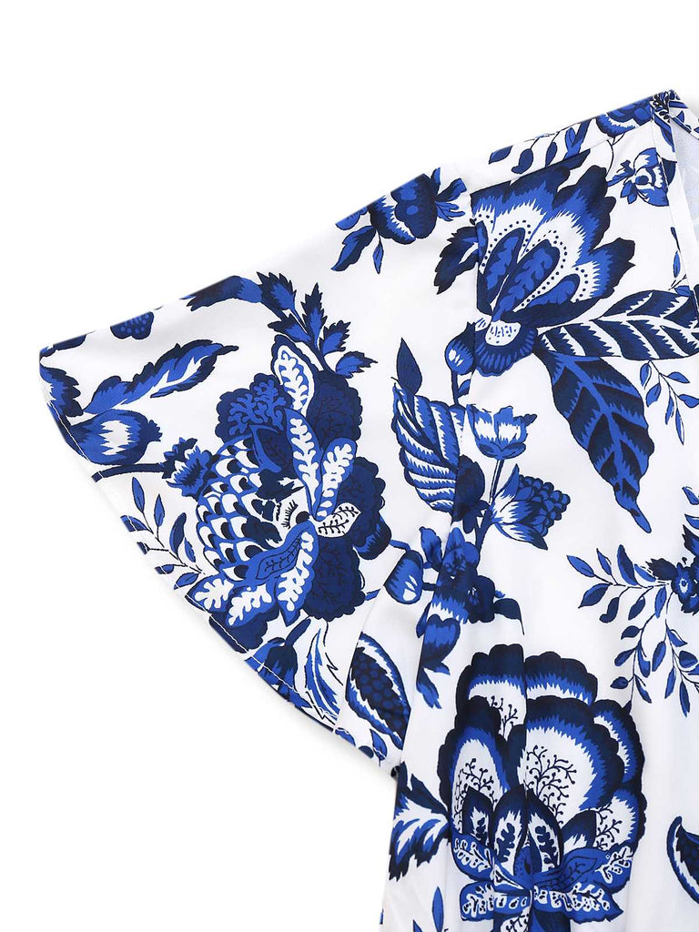 Blue 1950s Blue-White-Porcelain Floral Belted Romper