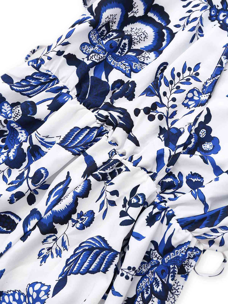 Blue 1950s Blue-White-Porcelain Floral Belted Romper