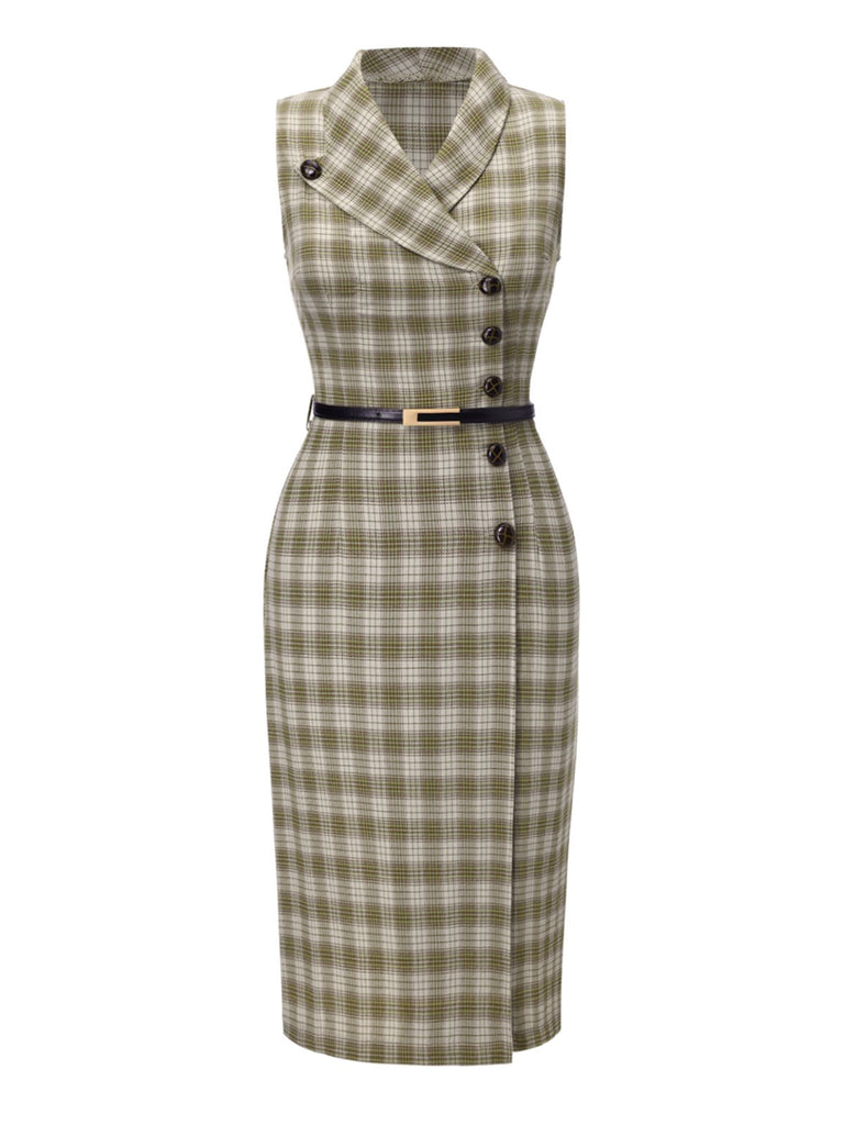 [Pre-Sale] Pea Green 1960s Lapel Buttoned Tartan Dress