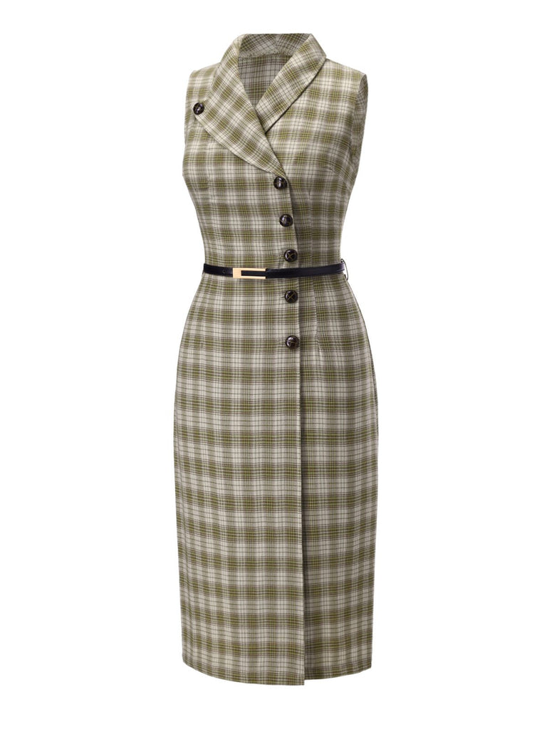 [Pre-Sale] Pea Green 1960s Lapel Buttoned Tartan Dress