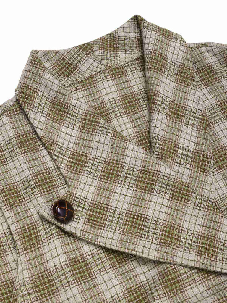 [Pre-Sale] Pea Green 1960s Lapel Buttoned Tartan Dress