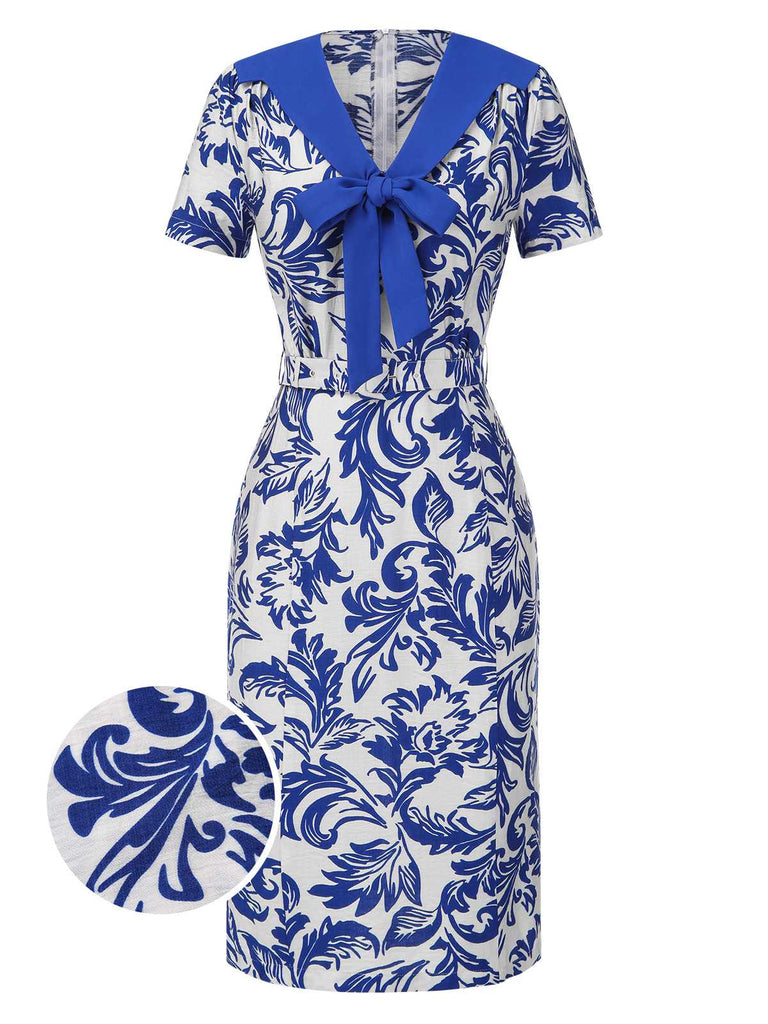 [Pre-Sale] Blue 1940s Leaf Silhouette Lapel Tie Neck Dress