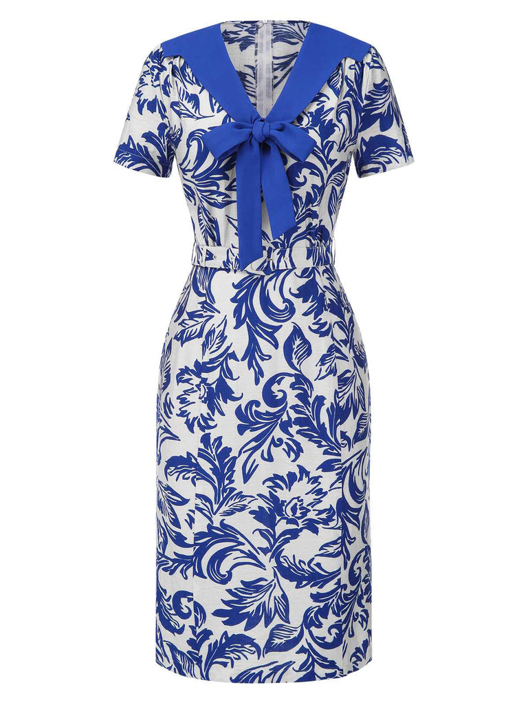 [Pre-Sale] Blue 1940s Leaf Silhouette Lapel Tie Neck Dress