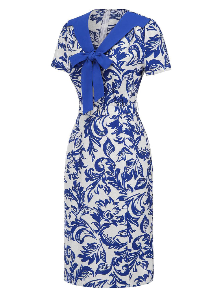 [Pre-Sale] Blue 1940s Leaf Silhouette Lapel Tie Neck Dress
