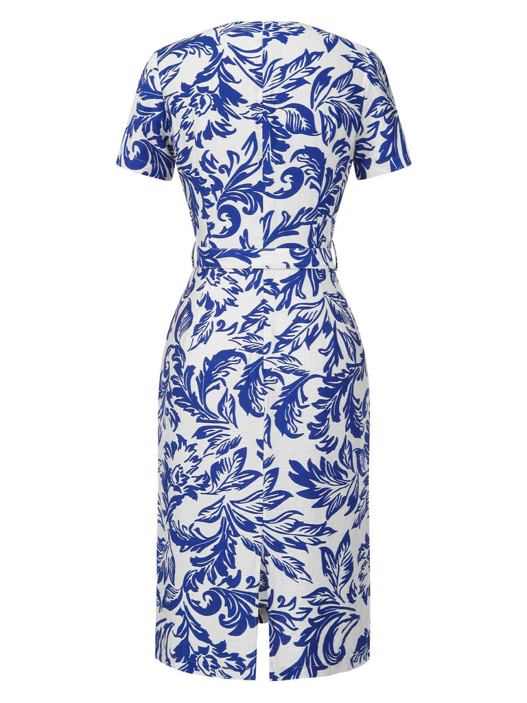 [Pre-Sale] Blue 1940s Leaf Silhouette Lapel Tie Neck Dress