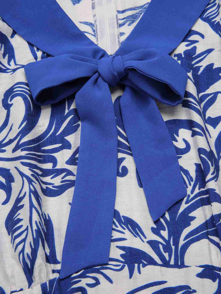 [Pre-Sale] Blue 1940s Leaf Silhouette Lapel Tie Neck Dress