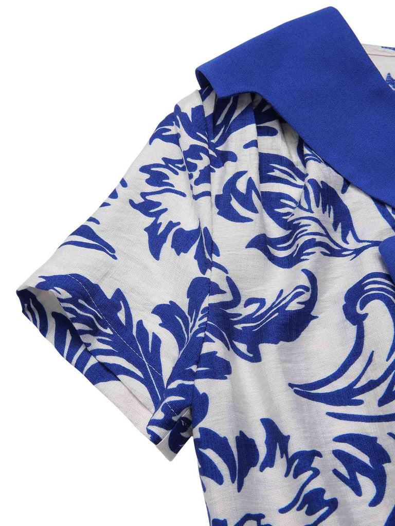 [Pre-Sale] Blue 1940s Leaf Silhouette Lapel Tie Neck Dress