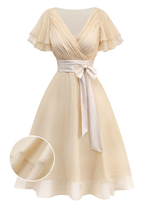 Champagne 1950s Satin Belt Tulle Cocktail Dress