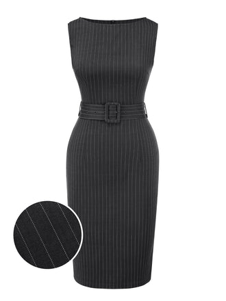 Dark Grey 1960s Pinstripe Beltd Pencil dress