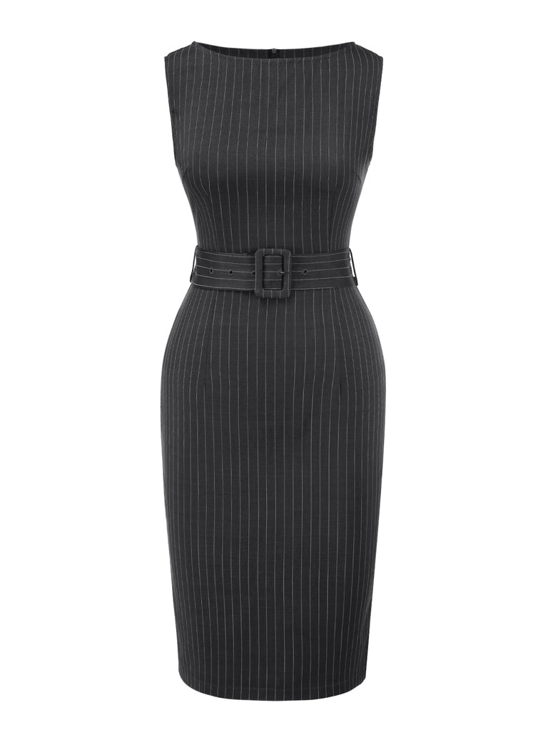 Dark Grey 1960s Pinstripe Beltd Pencil dress