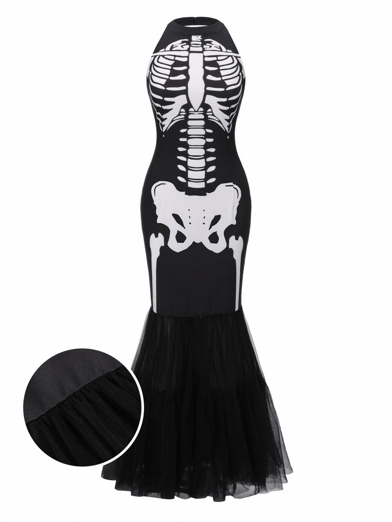 [Pre-Sale] Black & White 1930s Halter Skull Mesh Fishtail Dress