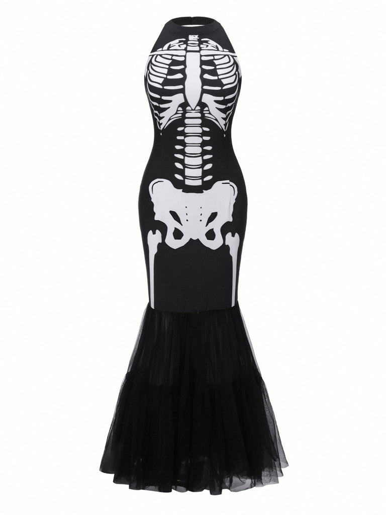 [Pre-Sale] Black & White 1930s Halter Skull Mesh Fishtail Dress
