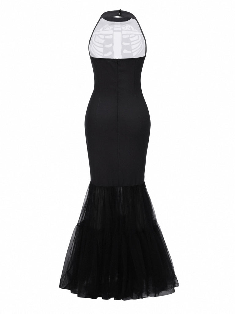 [Pre-Sale] Black & White 1930s Halter Skull Mesh Fishtail Dress