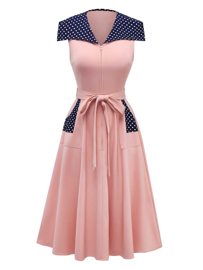 [Pre-Sale] Pink 1940s Sailor Collar Polka Dot Belted Dress
