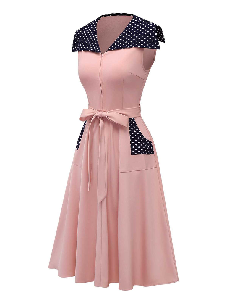 [Pre-Sale] Pink 1940s Sailor Collar Polka Dot Belted Dress