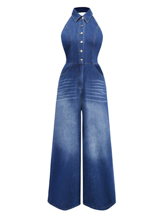 Blue 1930s Lapel Sleeveless Wideleg Denim Jumpsuit
