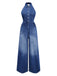 Blue 1930s Lapel Sleeveless Wideleg Denim Jumpsuit