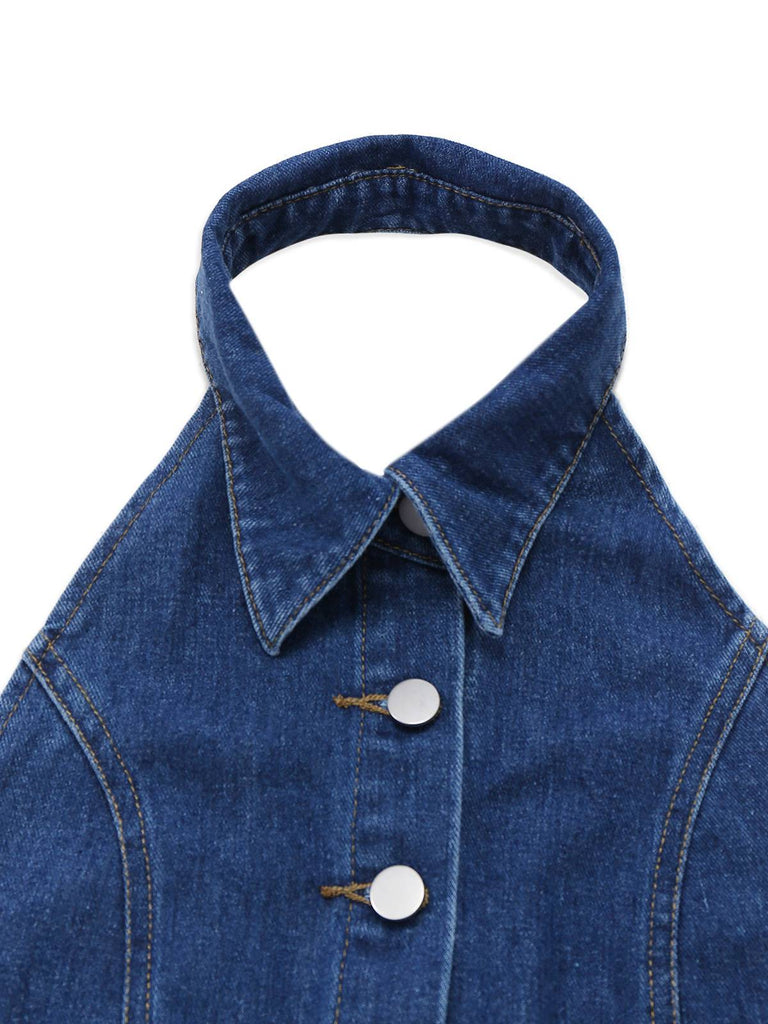 Blue 1930s Lapel Sleeveless Wideleg Denim Jumpsuit
