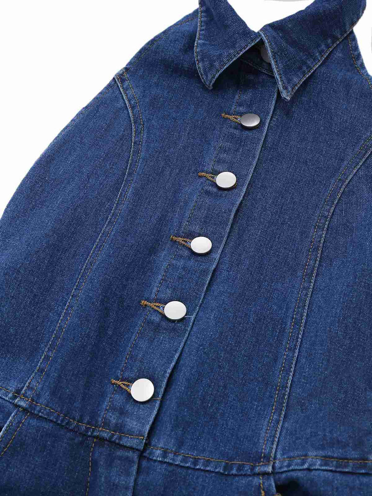 Blue 1930s Lapel Sleeveless Wideleg Denim Jumpsuit