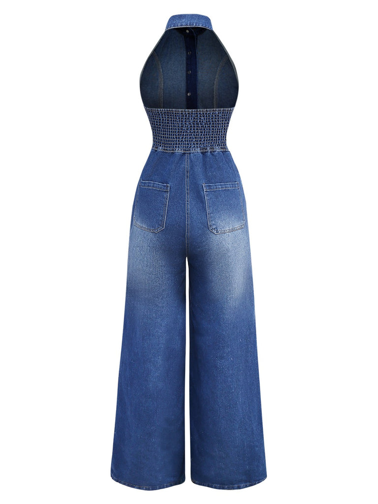 Blue 1930s Lapel Sleeveless Wideleg Denim Jumpsuit