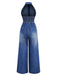 Blue 1930s Lapel Sleeveless Wideleg Denim Jumpsuit