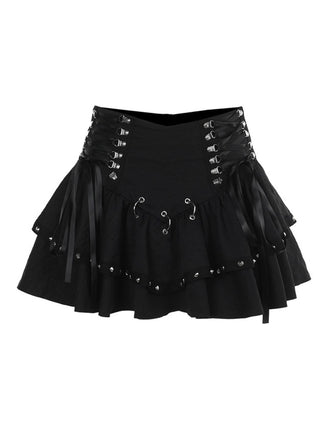 Black 1980s Punk Metal Button Lace-Up Skirt