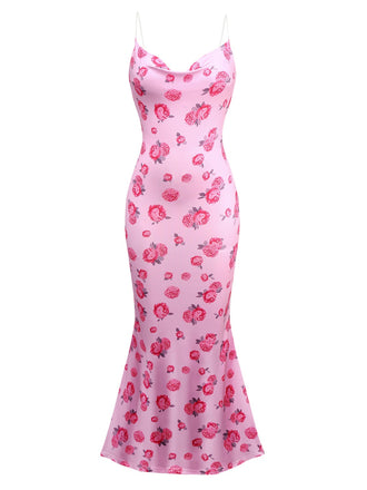 Pink 1930s Rose Cowl Neck Fishtail Dress