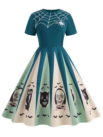 [Pre-Sale] Blue 1950s Halloween Spider Web Print Patchwork Dress