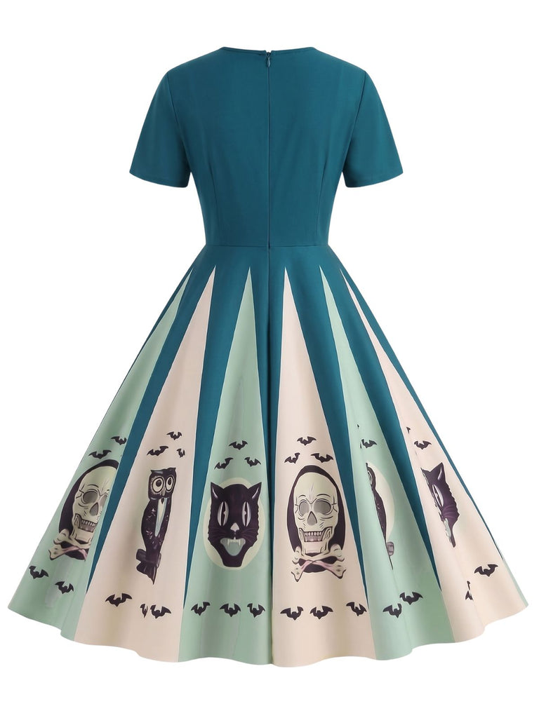 [Pre-Sale] Blue 1950s Halloween Spider Web Print Patchwork Dress