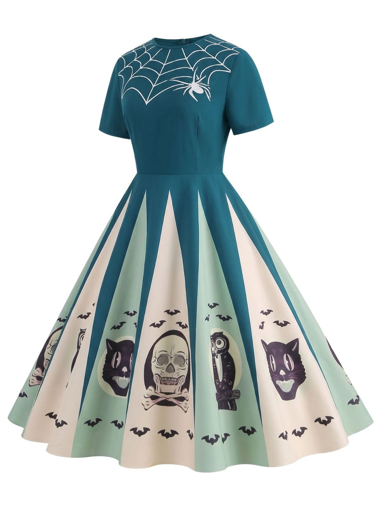 [Pre-Sale] Blue 1950s Halloween Spider Web Print Patchwork Dress