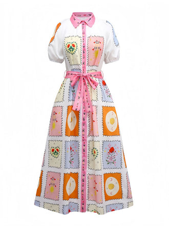 Multicolor 1930s Floral Sun Moon Belted Dress