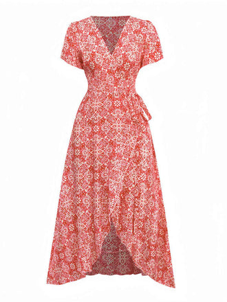 Red 1940s Boho Floral Wrap Dress