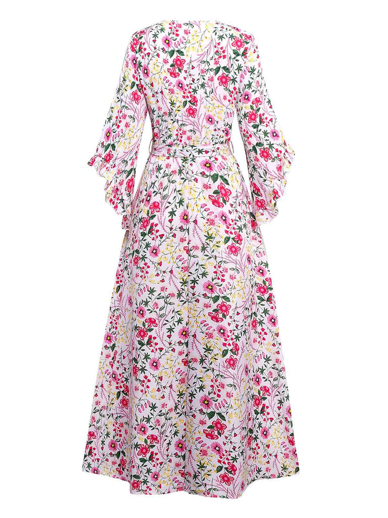 Pink 1940s Flouce Sleeve V-Neck Floral Dress