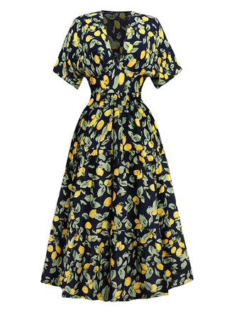 Yellow 1950s Lemon V-Neck Smocked Chiffon Dress