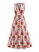 Red 1970s Lapel V-Neck Tropical Plants Dress