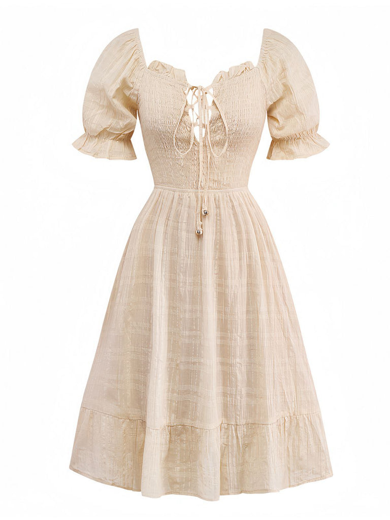 Apricot 1950s Solid Cotton Tie-Back Smocked Dress