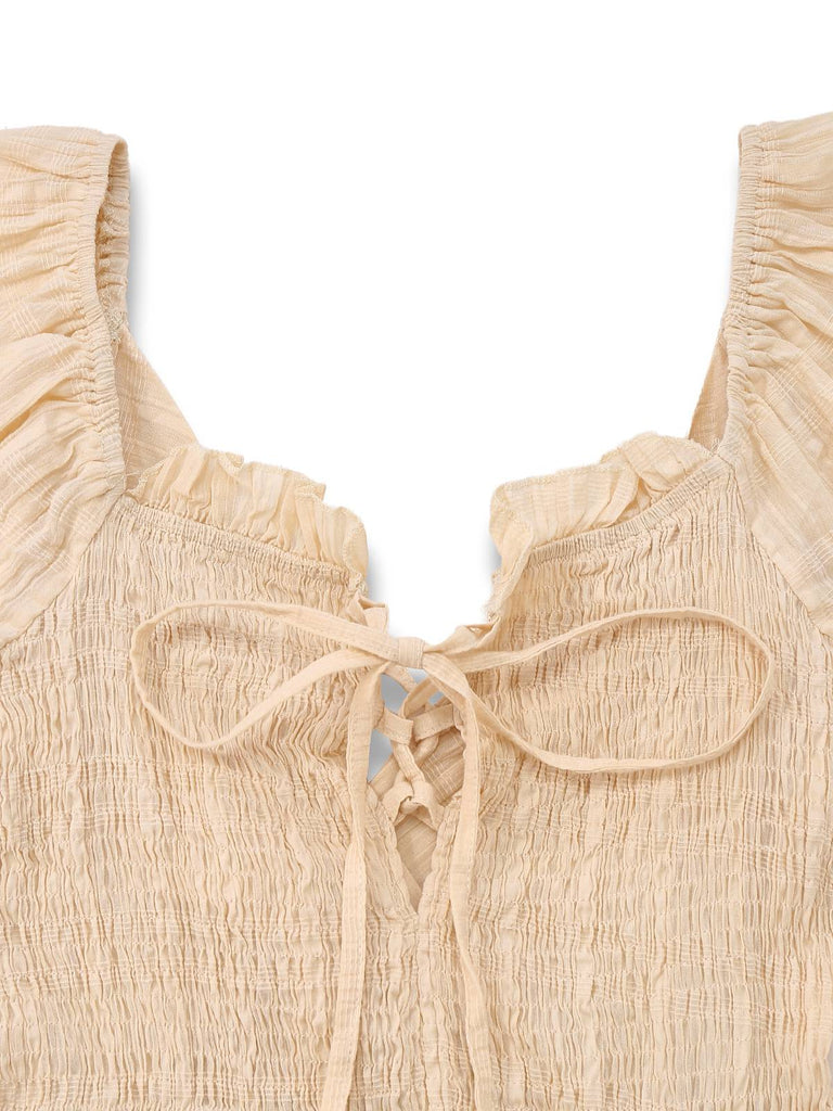Apricot 1950s Solid Cotton Tie-Back Smocked Dress