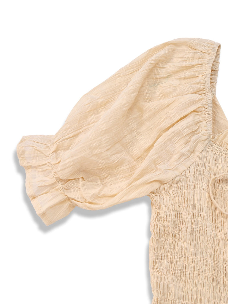 Apricot 1950s Solid Cotton Tie-Back Smocked Dress