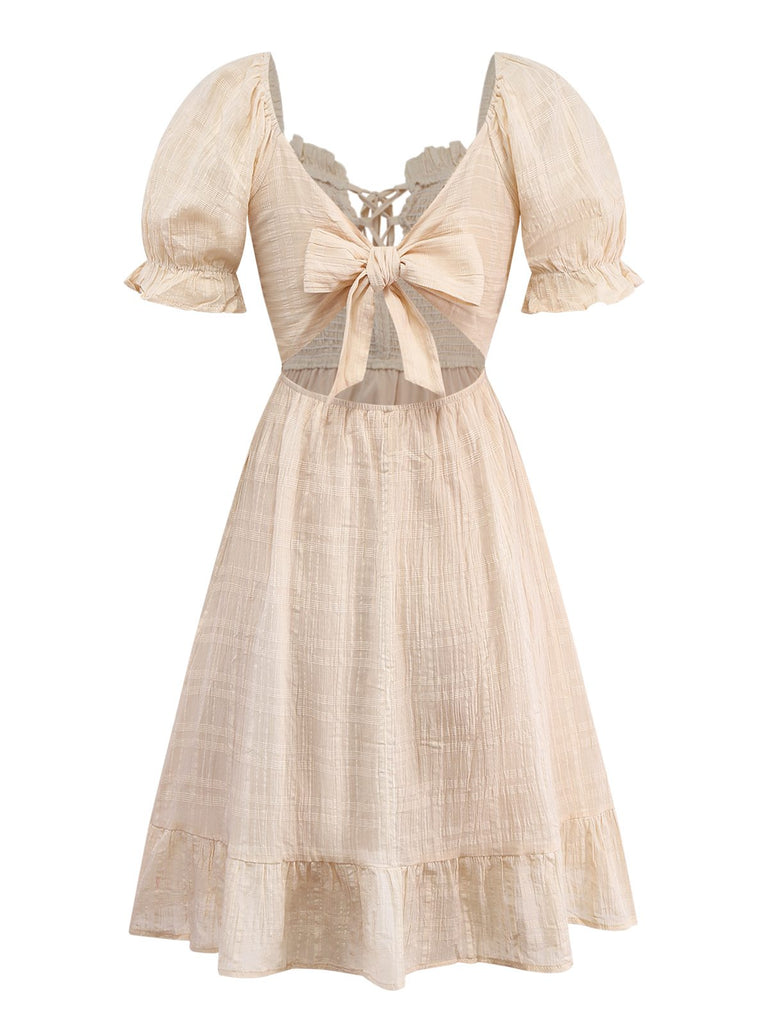 Apricot 1950s Solid Cotton Tie-Back Smocked Dress