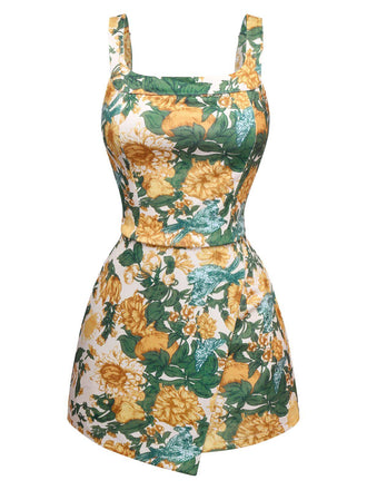 2PCS Yellow 1950s Floral Wide Strap Top & Mini Skirt